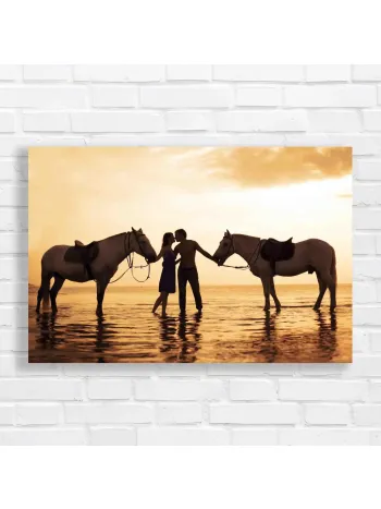 Romantic Couple & Horses Sunset Beach Canvas Print