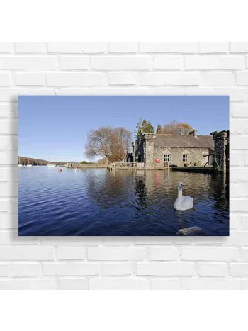 Serene Swan Lakehouse Landscape Canvas Print