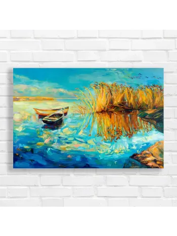 Serene Boats & Reeds Lake View Canvas Print