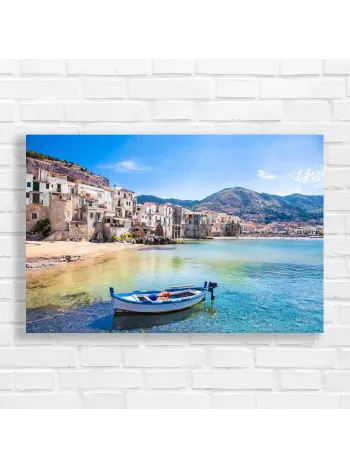 Serene Italian Coastal Town Beach Boat Canvas Print
